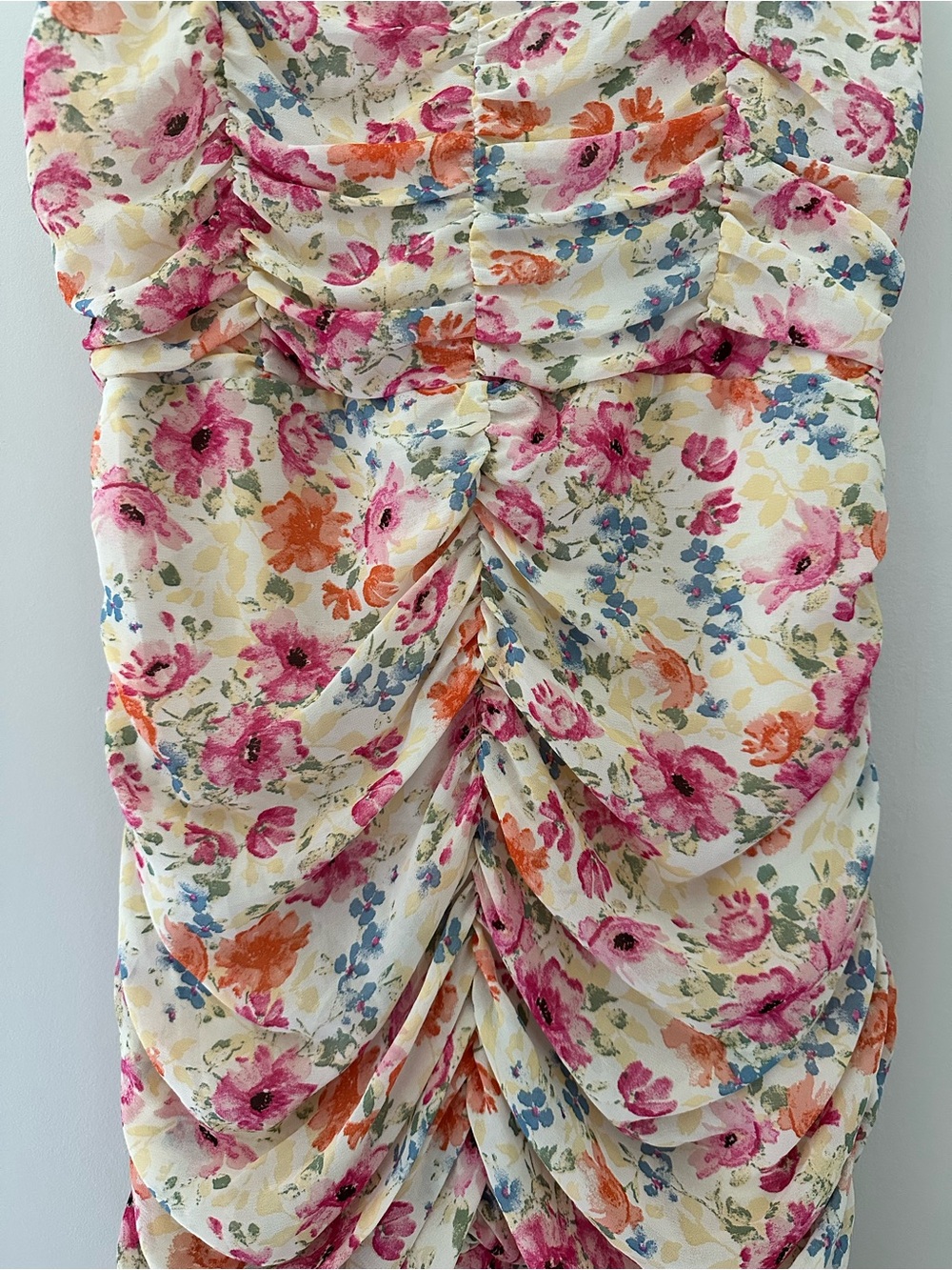 ASTR The Label Floral Ruched Flounce Mini Slip Dress -Cream Pink Blue Multicolor - Picture 3 of 14